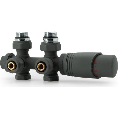 1 - Universelles Multiblock-Set - Thermostatventil - 50-mm-Zentralanschluss - Anthrazitfarbenes Design aus massivem Messing für Heizkörper in Bad, Schlafzimmer und Küche (1/5)