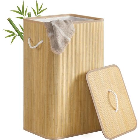 Panier à linge rectangulaire pliable avec couvercle 40 x 32 x 70 cm pratique design moderne en bambou naturel (1/2)