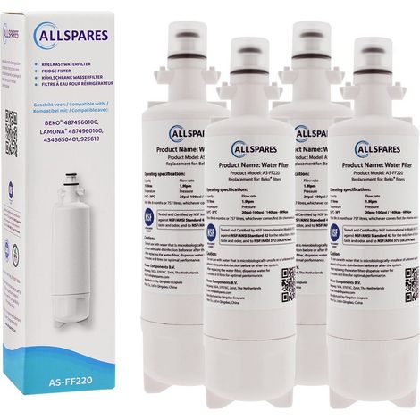 Filtro de agua AllSpares (4 unidades) para frigorífico compatible con LG Beko 874960100 (1/4)