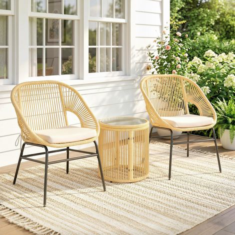 Ensemble Bistro Salon de Balcon 3 Pièces 2 Fauteuils Confortables et Table en Verre Trempé Coussins Déhoussables Beige (1/5)