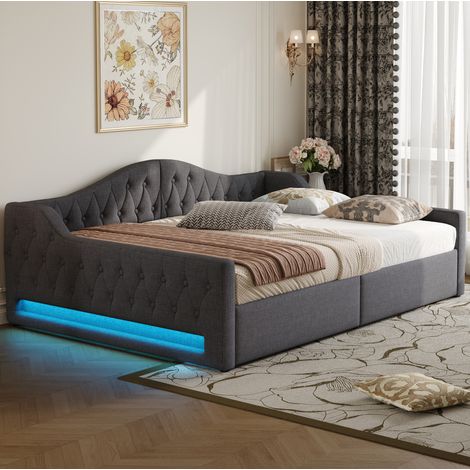 Letto da giorno imbottito 140x200 cm grigio in MDF e compensato con testiera, LED laterali e vano contenitore (1/5)