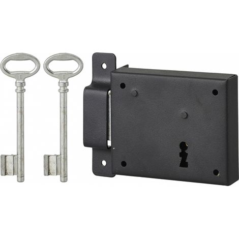 Thirard – Serrure horizontale en applique à clé pour porte de cave – Pêne seul gauche – Axe 60mm – Dimensions 95x76mm – Coffre en acier cambré – 2 clés (1/2)