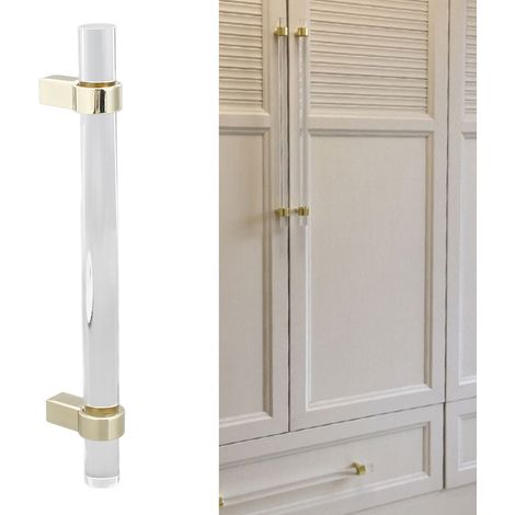 Tirador de puerta de acrílico cristalino – Tirador moderno y transparente para armarios, estanterías y gabinetes – Distancia entre orificios: 96 mm – Dorado (1/5)