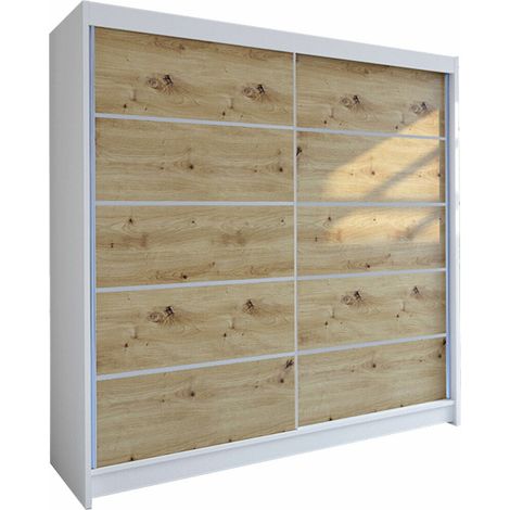 Armario Closico Cavaris IV, Blanco + Roble Artisan, 215x180x58cm, Puertas de armario: Correderas, Número de estantes: 5 (1/4)