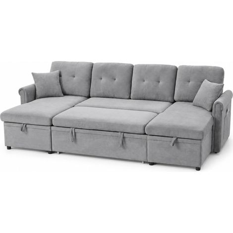 Sofá rinconera cama en U con arcón, chenilla gris, 266 x 130 x 85 cm (1/5)