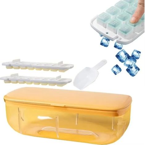Ice Cube Tray with Lid and Bin,Press Type Ice Cube Maker,Ice Cube Tray with Lid and Bin,One Second Release All Ice Cubes+Scoop+jaune (1/4)