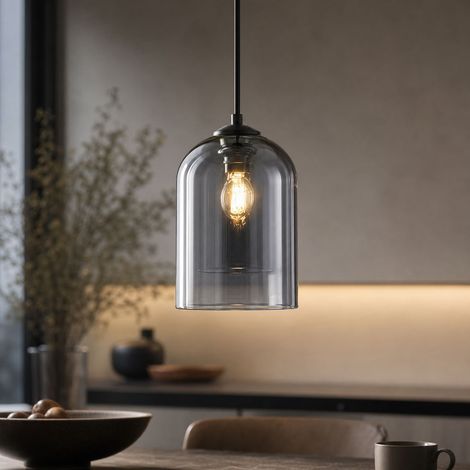 Suspension verre fumé design moderne, câble réglable 150cm, abat-jour Ø15xH22cm, éclairage doux idéal pour cuisine et salle à manger (1/4)