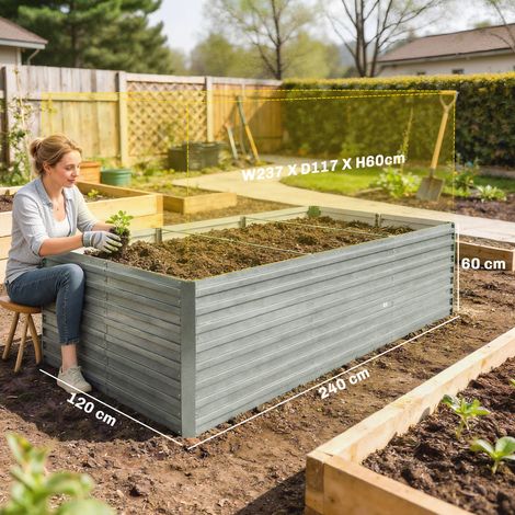 Jardinière surélevée galvanisée fond ouvert 240x120x60cm gris argenté (1/5)