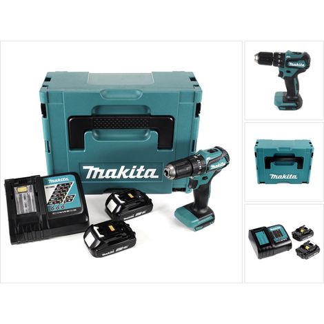 Makita DHP 483 RAJ trapano a percussione a batteria 18 V 40 Nm senza spazzole + 2x batteria ricaricabile 2,0 Ah + caricabatterie + Makpac
