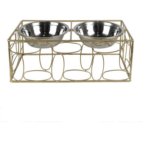 Double Gamelle pour Chien et Chat avec Support en Fer Doré 38 x 20 x 13 cm 2 x 500 ml - PANGIVO