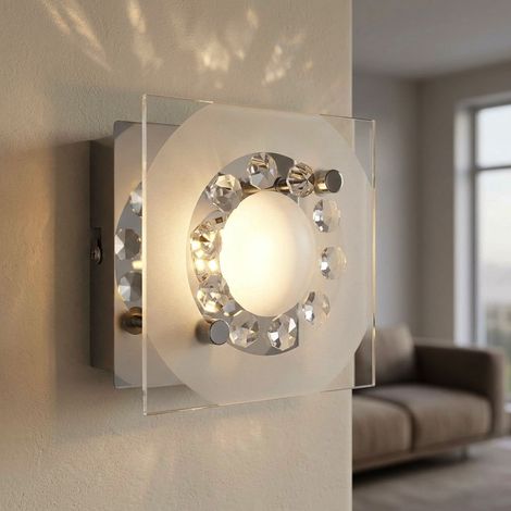 Wandleuchte Wandlampe Schlafzimmerleuchte Spotleuchte Wohnzimmer, Kristalldekor K5 Kristalle, Glas klar Chrom, 1x LED 4W 320Lm 3100K, HxLxB 9,5x12x12 cm (1/4)