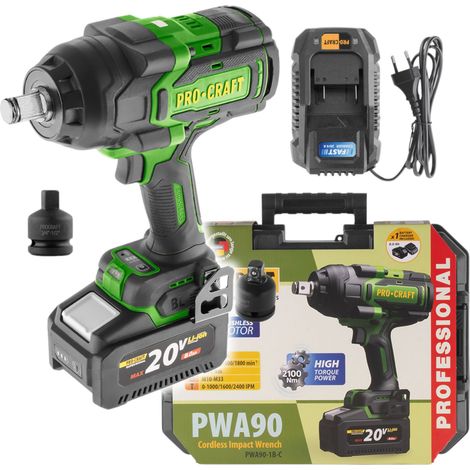 Atornillador de impacto a batería Procraft PWA90 20 V 2100 Nm 3/4" sin escobillas + 1 batería de 4,0 Ah + cargador + maletín