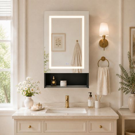 Armoire de Salle de Bain avec Miroir et LED 1 Porte, Armoire de Toilette Miroir avec Prise et Étagères Ouvertes, Miroir Salle de Bain avec Rangement et Étagère Réglable (Noir, 88x50x16) (1/5)