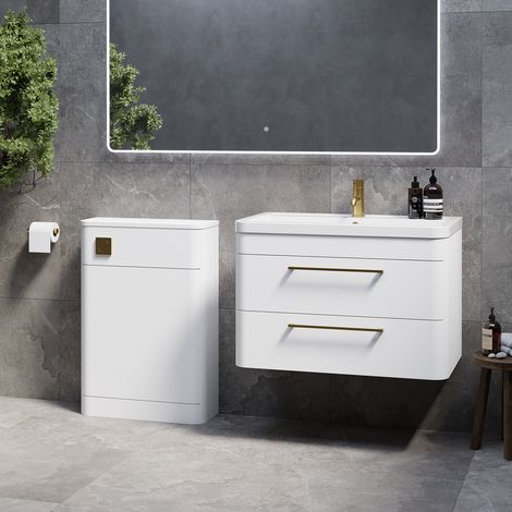 Oslo Gloss White 1350mm Wall Mounted Vanity Unit Toilet Suite with Anya Basin - 1350mm - Brushed Brass 320mm HandleWithout Jubilee Toilet Pan