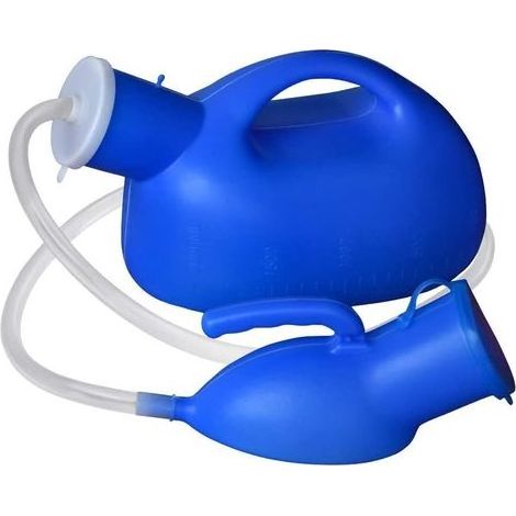Urinoir masculin avec couvercle, 2000 ml, grande capacité, étanche, idéal pour les hôpitaux, l'incontinence, les personnes âgées, les voyages et le camping. Tuyau de 1,3 m, bleu. (1/5)