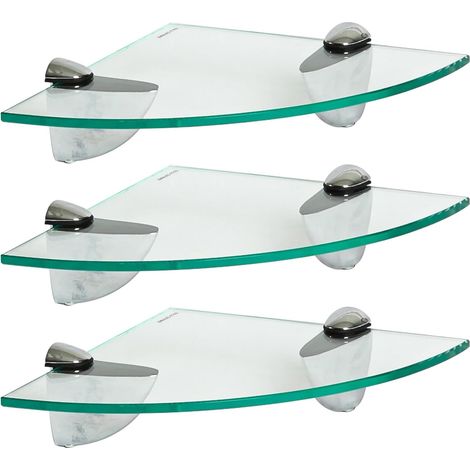3X Clair 20cm Étagères d'angle en Verre Flottant - Salle de Bain Douche Cuisine Rayonnage Stockage Unité d'Affichage avec Supports Argentés (1/5)