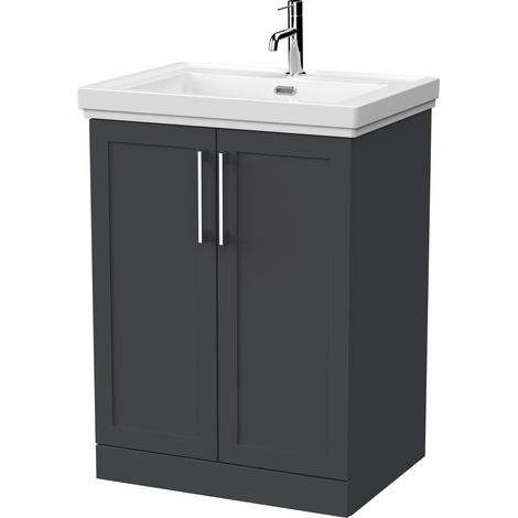 Stonnall Traditional Floor Standing 2 Door Vanity Unit with Traditional 1 Tap Hole Fireclay Basin, 600mm, Dark Grey (1/4)