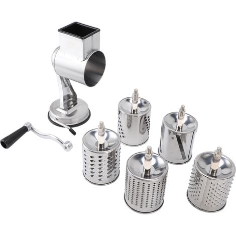 Râpe à fromage manuelle en acier inoxydable, broyeur à manivelle avec 5 lames interchangeables et poignée pour légumes, noix, pommes de terre, argent