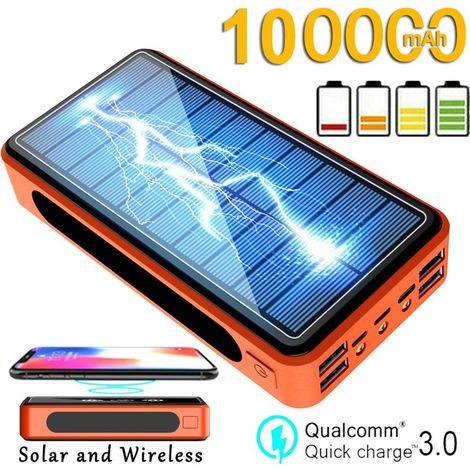 Batterie externe portable solaire sans fil de 100 000 mAh avec lampe LED, étanche et haute capacité, idéale pour une utilisation en extérieur. (1/5)