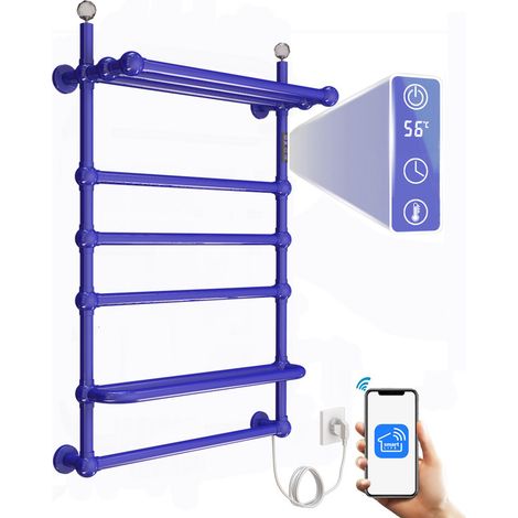 Sèche Serviettes Électrique Mural 80W, 850 600mm WiFi Chauffe-Serviettes Électrique, Intelligent Radiateur Porte-Serviettes Chauffant Électrique de Salle Bain avec Minuterie et Shelf, Blue (1/5)
