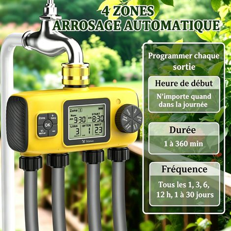 4 Zones Programmateur d'arrosage Automatique–Avec écran LCD et Bouton de Commande Manuelle Pour une Installation Facile (convient aux systèmes d'irrigation de jardin) (1/5)