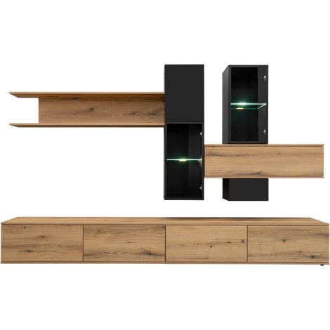 Ensemble meuble TV mural Cruz avec vitrine - Bois MDF noir mat et chêne Evoke - 280 x 180 x 45 cm - Livraison gratuite (1/5)
