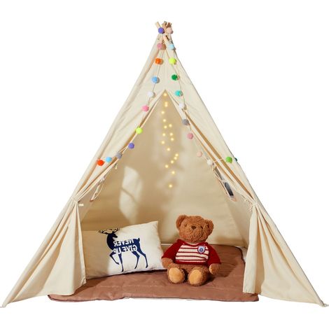 Tente de jeu pour enfants 1-5 ans, tipi avec tapis et boules décoratives, fenêtres, intérieur et extérieur, beige, garçons et filles (1/5)