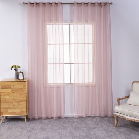 Rideaux en voile transparent de couleur unie, gaze de fenêtre à œillets, rideaux en tulle 140 x 270 cm, rose, 2 panneaux (1/5)