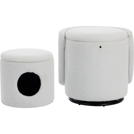 Sillón barril tapizado giratorio 360° con almacenamiento integrado de tejido teddy blanco HOMVRA (1/5)