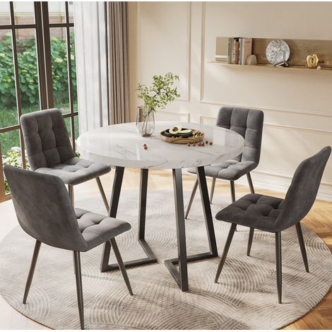 CHICFURN Conjunto mesa y 4 sillas Ø80 cm MDF blanco efecto mármol, sillas grises (1/5)