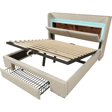 Lit coffre rembourré 160x200 cm beige en lin avec tête de lit, LED, USB et USB-C, matelas inclus (1/5)