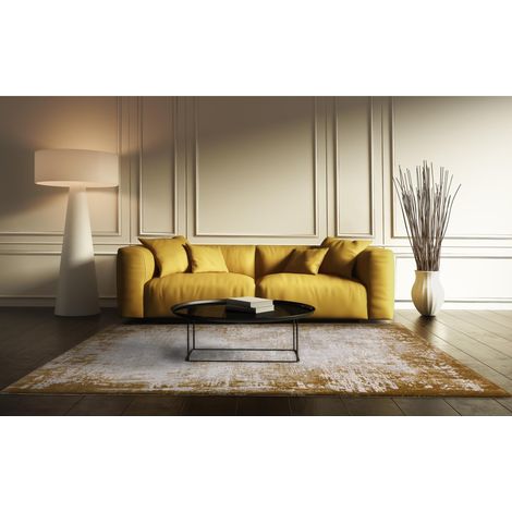 Kuza Border Abstract Modern Distressed Soft Velvety Silky Rug Gold Medium 120x170 cm (4'x5'6")