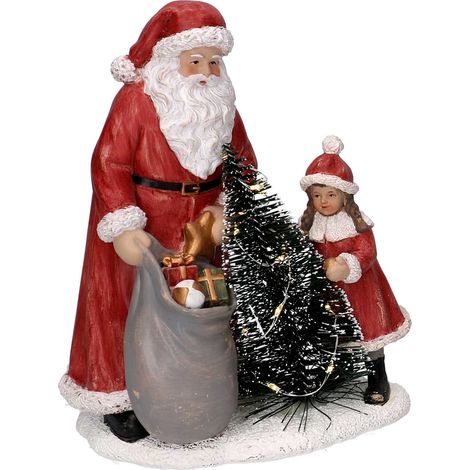 Statua resina babbo natale con bambina rosso con led cm 15x11xh18,5 (1/3)