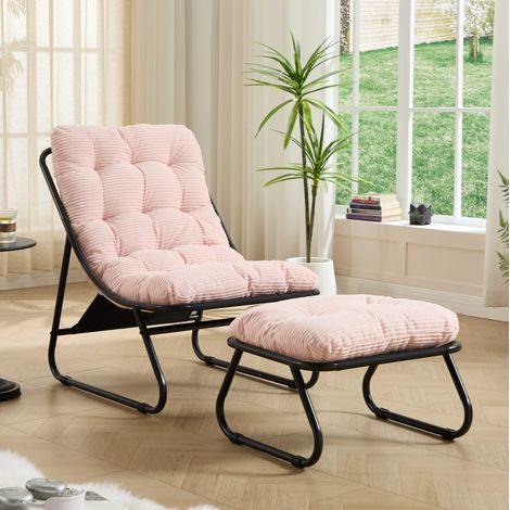 Sillón relax de exterior 65x78x86 cm de acero negro, cojín rosa y reposapiés – MEUBLIV (1/5)