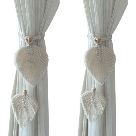 Ensemble de 2 attaches de rideaux — Boucles en corde de coton tissée à la main — Bandes décoratives en forme de feuille — Attaches de rideaux de style bohème avec pompons (1/5)