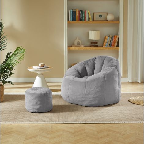 Sillón puf para adulto con reposapiés, 105 x 105 x 70 cm, pelo sintético gris claro DESVIAE (1/5)