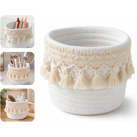 1 Piece Pot a Pinceaux de Maquillage en Coton Tisse Blanc avec Frange 10 x 10 x 10 cm 0,2 kg Ouverture 10 cm pour Bureau Coiffeuse Stylos Outils (1/5)