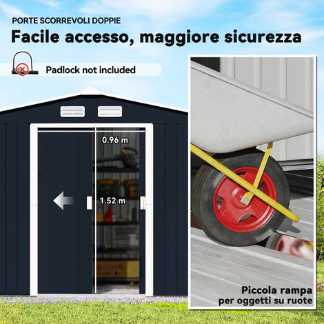 Caseta de jardín metálica de 2,7 x 1,8 metros, para almacenamiento de herramientas al aire libre con ranuras de ventilación, kit de inicio y puertas dobles con cerradura, color gris oscuro.