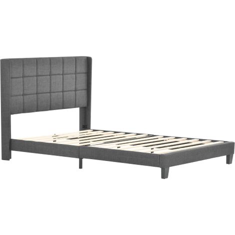 Lit tapissé avec sa tête de lit tapissée,lit double avec sommier à lattes,140x200cm,en lin gris,mi-ferme (avec matelas à ressorts) (1/5)