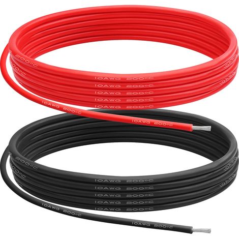 Fil de Silicone de Calibre 10, 5.3 m㎡ 10 AWG Câble électrique 5m(2.5m Rouge+2.5m Noir), Faible Impédance Douce et Flexible 0.08 mm 1050 Torons Fil de Cuivre pour Voiture RC/Drone/Projets (1/5)