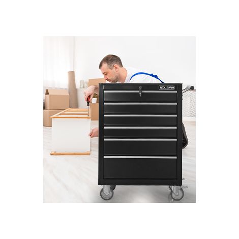 AS EASY Tool Cabinet Tool Cart 615mm Length with 6 Drawers and Wheels, Metal Rolling Tool Box Locked Drawers Storage Organizer Cabinet for Garage, Warehouse, Repair Shop, Workshop, Black Color