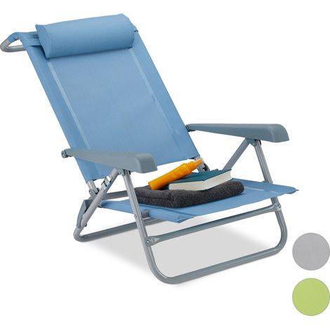 Relaxdays – Chaise pliante plage 8 positions – Coussin de tête amovible – Accoudoirs réglables – Charge max 120 kg – Tissu textilène, acier – Bleu
