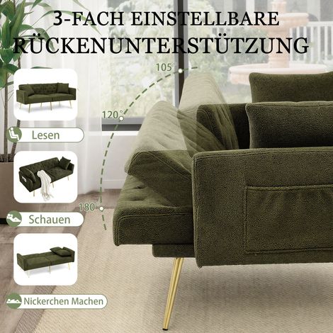 Canapé 2 places moderne en polaire bouclée, dossier réglable 3 positions, 2 coussins, pieds métal, vert — salon, petit appartement, location (1/4)