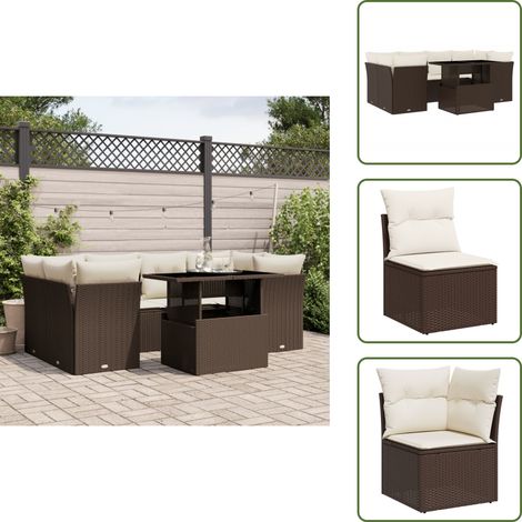 7-tlg. Garten-Sofagarnitur mit Kissen Braun Poly Rattan - Gartensorgsgarnitur - PE-Rattan Möbel - Outdoor Sofa Set - Gartenlounge - Balkonmöbel (1/5)