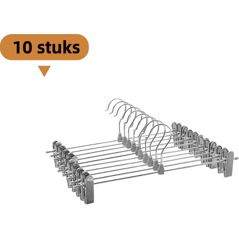 Lot de 10 cintres à pantalons en acier inoxydable avec pinces réglables et antidérapantes pour penderie couleur argentée (1/5)