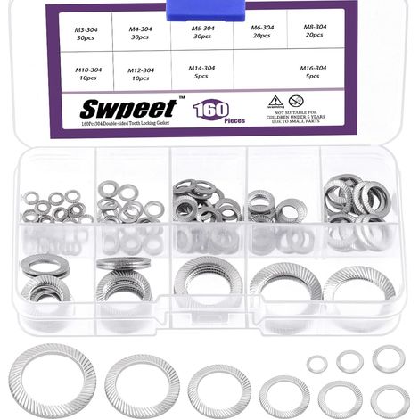 Lot de 160 rondelles de verrouillage à double face en acier inoxydable 304 de 9 tailles M3 M4 M5 M6 M8 M10 M12 M14 M16 en acier inoxydable 304 (1/5)