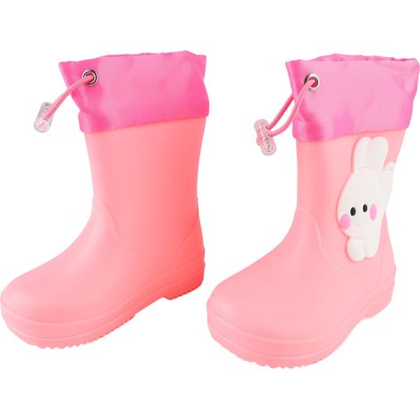 Wasserdichte, verstellbare und flexible Regenstiefel mit rosa Hasenmuster, ideal für Regentage. (1/4)