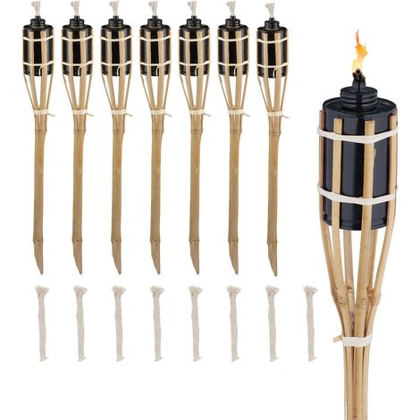 Relaxdays Set of 8 Garden Oil Torches, with Replacable Wicks, Bamboo & Iron, Outdoor Party Flares, HxØ: 50x6cm, Natural