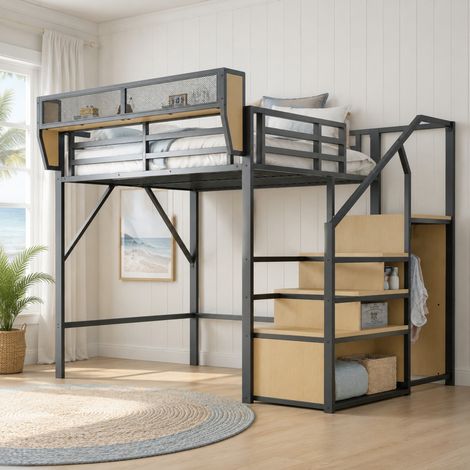 MEUBLIV Letto a soppalco 140x200 cm nero con scala di sicurezza e vano contenitore (1/5)