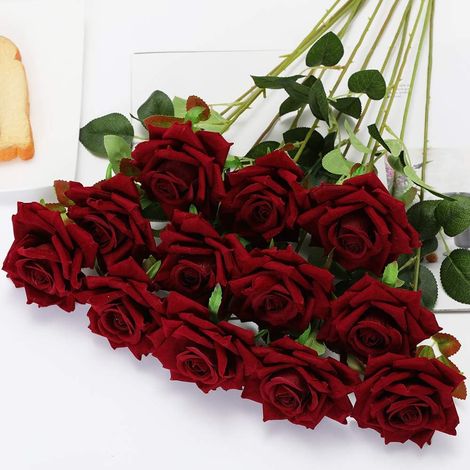12 roses artificielles en velours avec longues tiges, bouquet de fausses roses à faire soi-même pour la décoration de la maison, du jardin et des mariages (bordeaux).-AquaForge